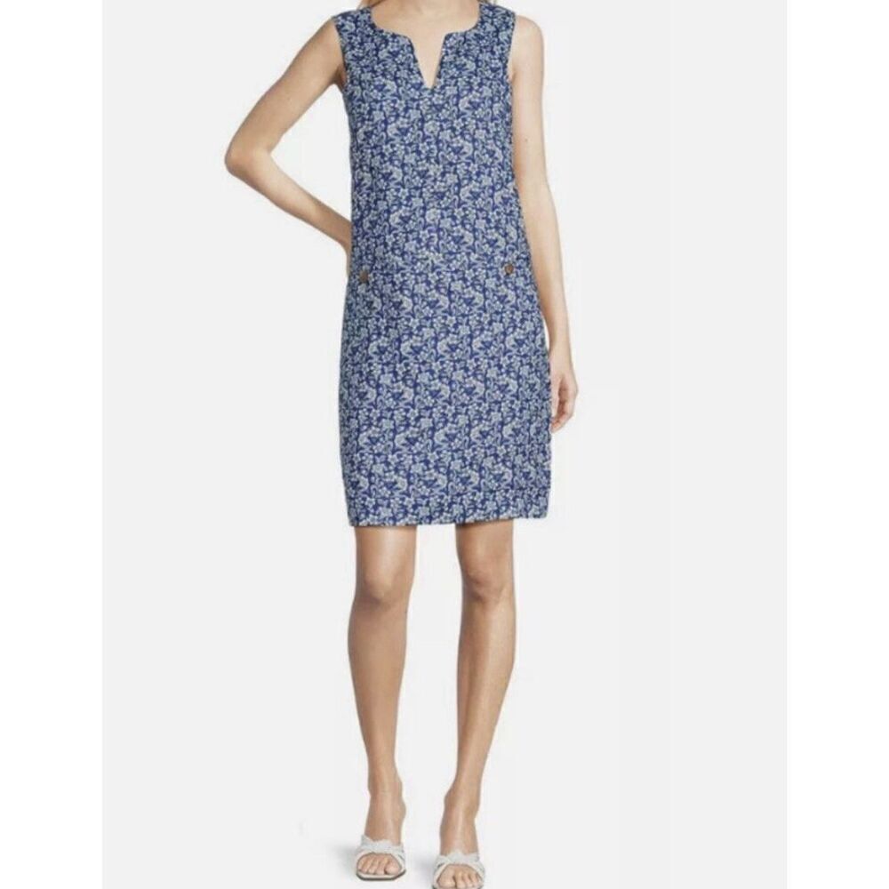 J. McLaughlin Rue Navy Blue Linen Floral Sleeveless Shift Dress XS NEW $218